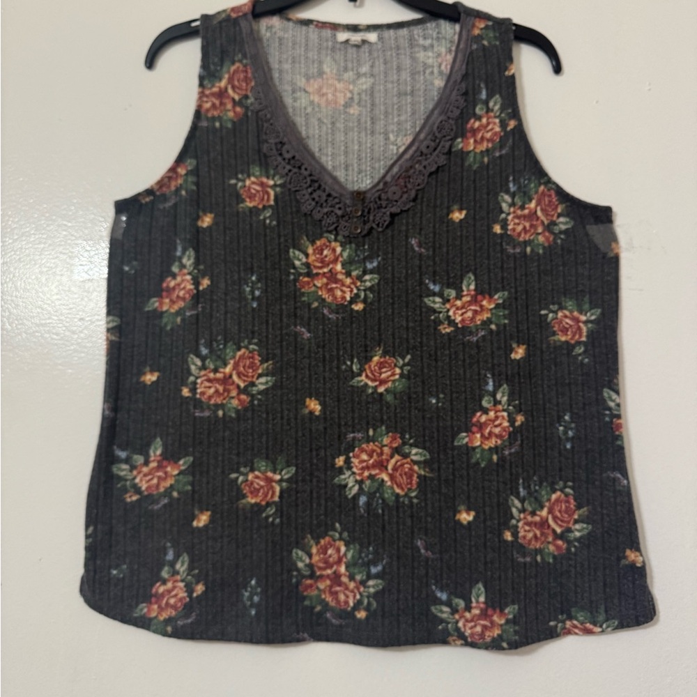 Maurices Dark Gray Ribbed Sleeveless Floral Tank Top
